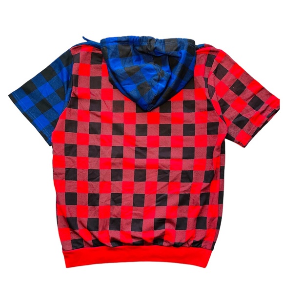 ENYCE Sean Combs Hoodie Sweatshirt Short Sleeve Blue Red Plaid SLIM Womens Large - Picture 2 of 7